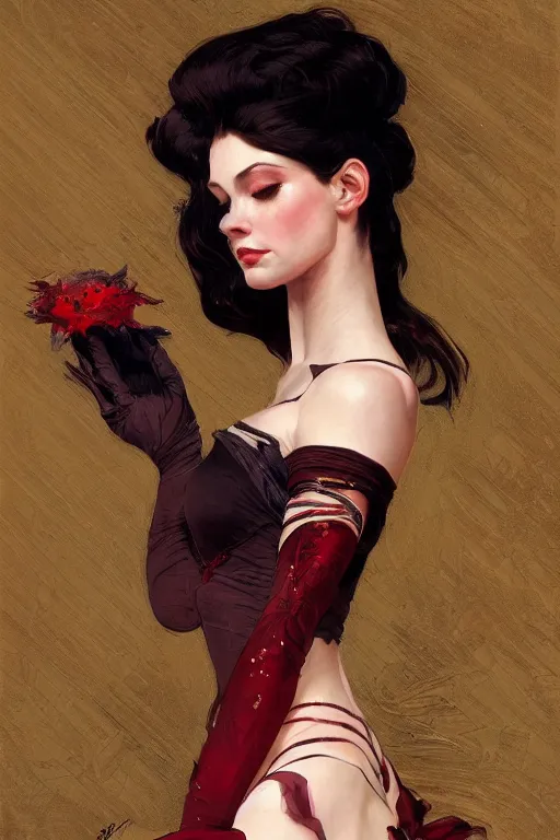 Image similar to a beautiful portrait of ballerina with long black and deep red colored hair dressed as a 1 9 6 0 s go - go dancer, intricate, elegant, highly detailed, digital painting, artstation, concept art, matte, sharp focus, illustration, art by greg rutkowski and alphonse mucha