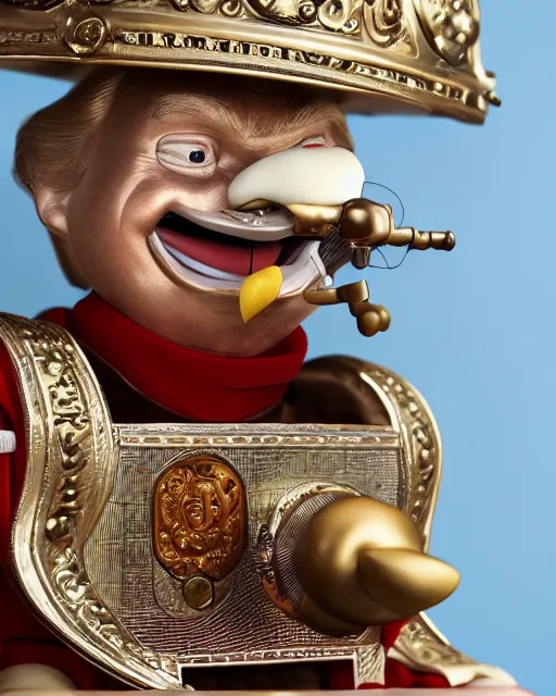 Image similar to highly detailed closeup, face profile portrait of a tin toy donald trump as a fairytale henry viii eating cakes, depth of field, nicoletta ceccoli, mark ryden, lostfish, max fleischer, breathtaking, detailed and intricate environment, 8 k resolution, hyperrealistic, octane render