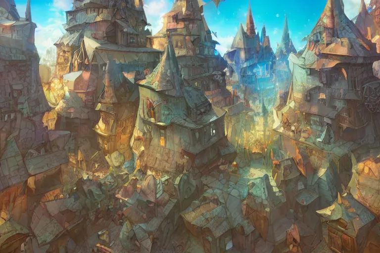 Prompt: one point perspective fantasy triangular orb village street view by artgerm and Craig Mullins, James Jean, Andrey Ryabovichev, Mark Simonetti and Peter Morbacher 16k