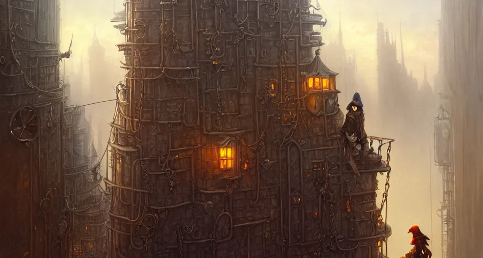 Image similar to landscape painting of a hooded thief in leathers using a rope to climb a tall metal steampunk buildings with a fantasy city, fine details, andreas rocha, magali villeneuve, artgerm, rutkowski