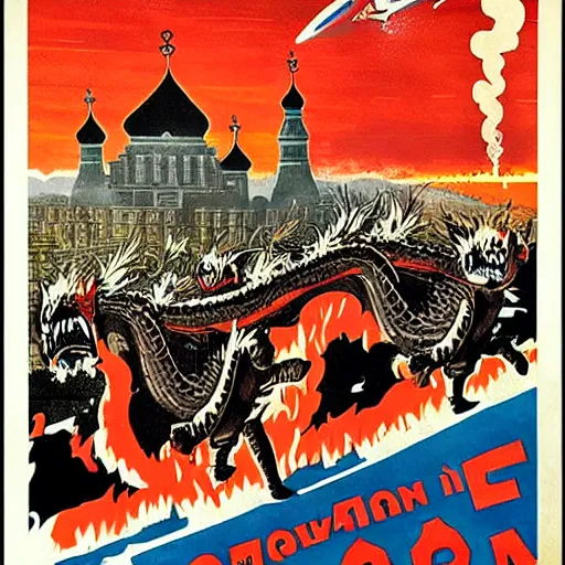 Image similar to Dragon invasion of Moscow, Russia cold war poster style