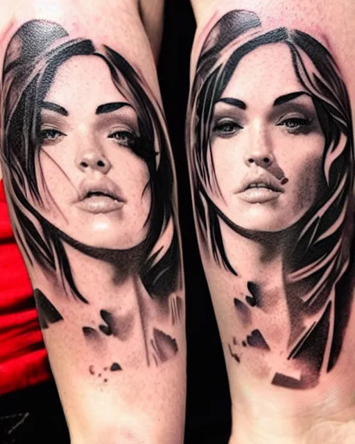 Image similar to creative double exposure effect tattoo design sketch of megan fox faded in beautiful mountain scenery, realism tattoo, in the style of matteo pasqualin, amazing detail, sharp