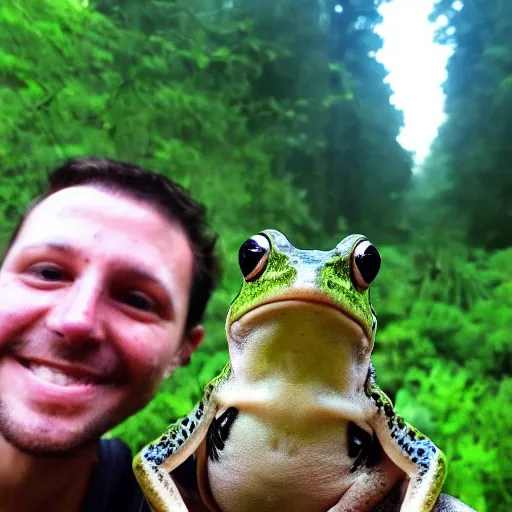 Image similar to selfie of 2 frogs in the forest