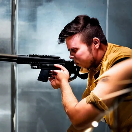 Prompt: a man shooting a machine gun in a shooting range, guns blazing, muzzle flashes showing