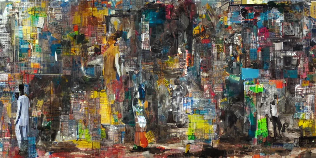 Prompt: robot in Ajegunle slum of Lagos conversing with African Jesus Christ about beauty under a large UFO beaming a neon ray, painting by Robert Rauschenberg,