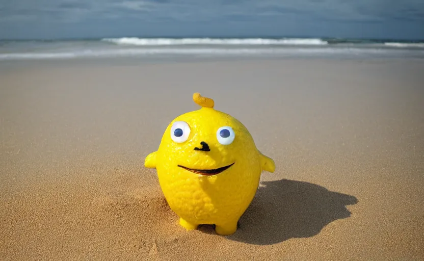 Image similar to 5 0 mm photograph, of a real anthropomorphic lemon cartoon character, it has lemon skin texture, it's wearing a hat and a vr head, building a sandcastle on the beach at sunset, beach, waves, sun, clouds, tropical trees, rim light, sand, sandcastle, volumetric lightening, pentax k 1 0 0 0