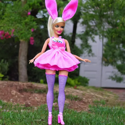 Image similar to barbie doll, bunny costume, playboy, rabbit ears, plaid tights, full length, raspberry banana color, lace