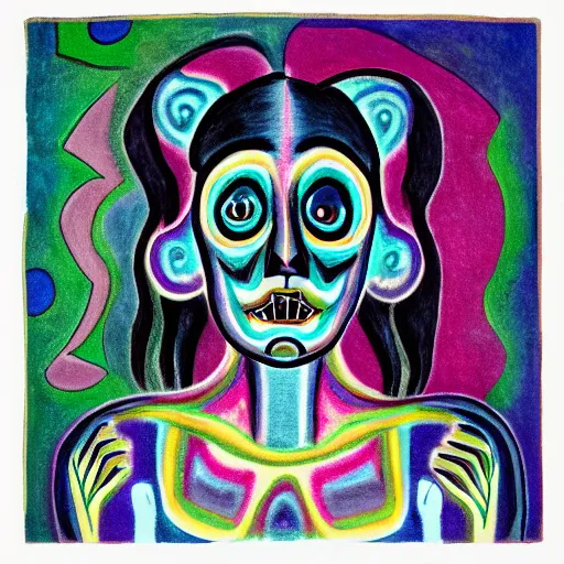 Image similar to In the center of the body art is a large gateway that seems to lead into abyss of darkness. On either side of the gateway are two figures, one a demon-like creature, the other a skeletal figure. holography, in the tundra by Alexej von Jawlensky, by Lisa Frank sinister