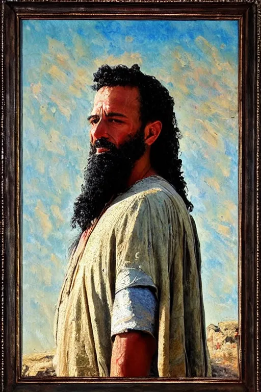 Image similar to highly detailed palette knife oil painting of a historically accurate depiction of the ancient biblical egyptian prince moses, thoughtful, by Peter Lindbergh, impressionistic brush strokes, painterly brushwork