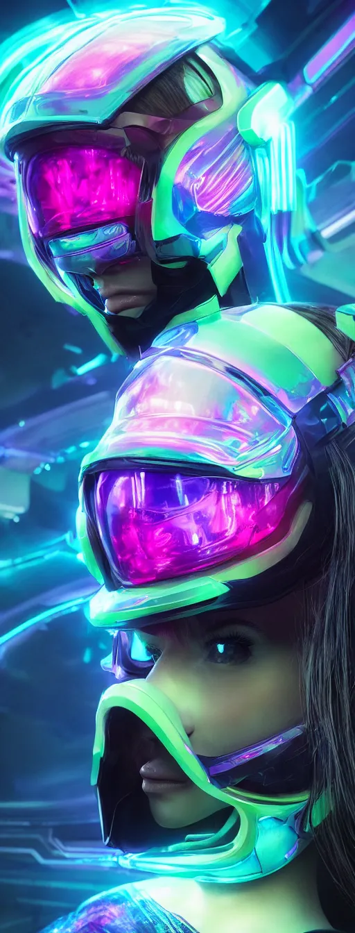 Prompt: a women wearing neon helmet with a visor iridescent, beautiful, technological, unreal, hyper-detailed, mega-detailed, realistic, cinematic, octane render, concept art, dark, cosmic, ominous, symmetric, colorful and dark