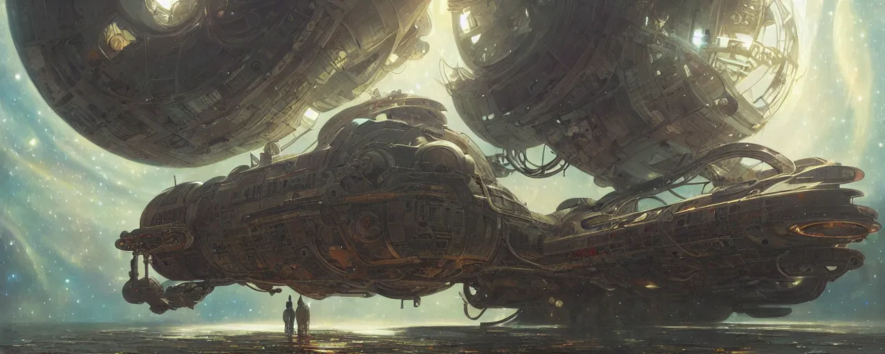 Image similar to a outside view of abandoned space station in the deep space, fantasy, intricate, elegant, highly detailed, digital painting, artstation, concept art, smooth, sharp focus, illustration, art by artgerm and greg rutkowski and alphonse mucha