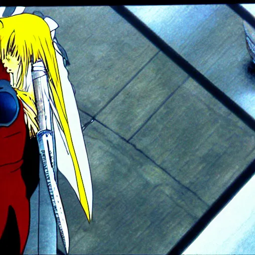 Image similar to still frame of Sephiroth in 1988 anime film Akira by Katsuhiro Otomo, screenshot, color, film print