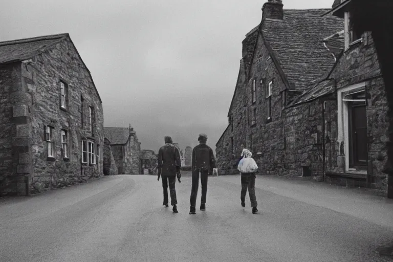 Image similar to three people walking in an empty street in a remote Scottish village on a cloudy morning during the pagan feast of the wicker man, photojournalism, 1967, photorealism, very realistic, in the style of Midsommar, 50mm lens, Kodak 5219 film