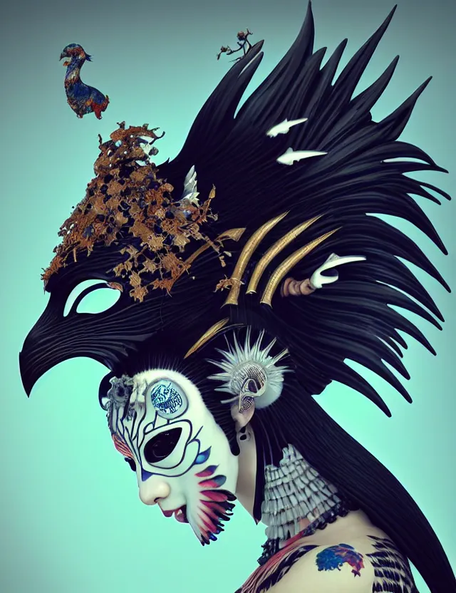 Image similar to 3 d goddess close - up profile simple portrait punk with mohawk with goat skull. beautiful intricately detailed japanese crow kitsune mask and clasical japanese kimono. betta fish, jellyfish phoenix, bio luminescent, plasma, ice, water, wind, creature, artwork by tooth wu and wlop and beeple and greg rutkowski