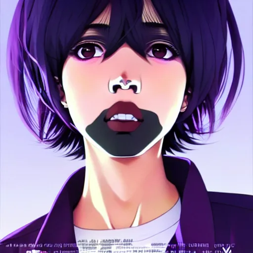 Prompt: anime poster film still portrait of a black young woman, large, purple eyes!!!, white hair!!!!!, french bob, bomber jacket, detailed facial features, dynamic pose, cute face by ilya kuvshinov, yoh yoshinari, makoto shinkai, rimlight, cel shaded, 4 k