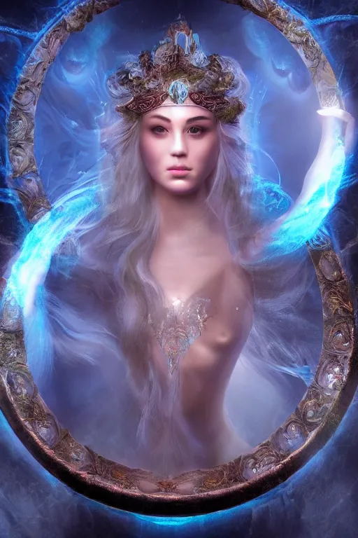 Prompt: goddess of illusion, beautiful, stunning, breathtaking, mirrors, glass, magic circle, magic doorway, fantasy, mist, bioluminescence, hyper - realistic, unreal engine,