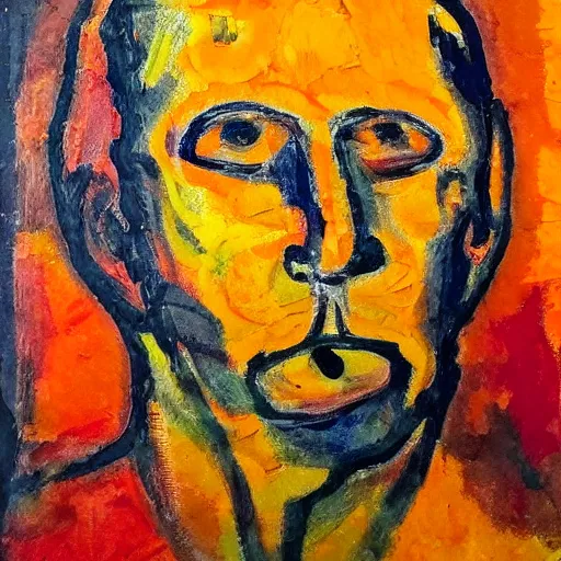 Prompt: an expressionism face portrait of a man used with Impasto, dark oranges reds and yellows, note detailed