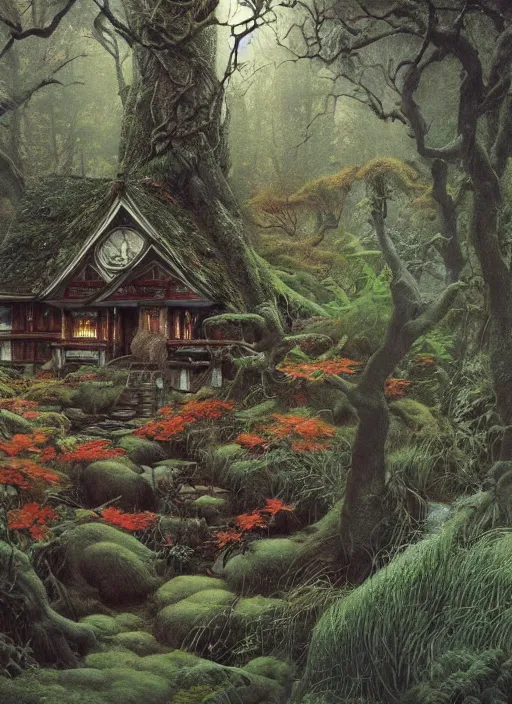 Image similar to hyper realistic witch cottage japanese shrine in the woods gorgeous lighting, highly detailed, lush forest painting by zdzisław beksinski and norman rockwell and greg rutkowskiweta studio, and lucasfilm