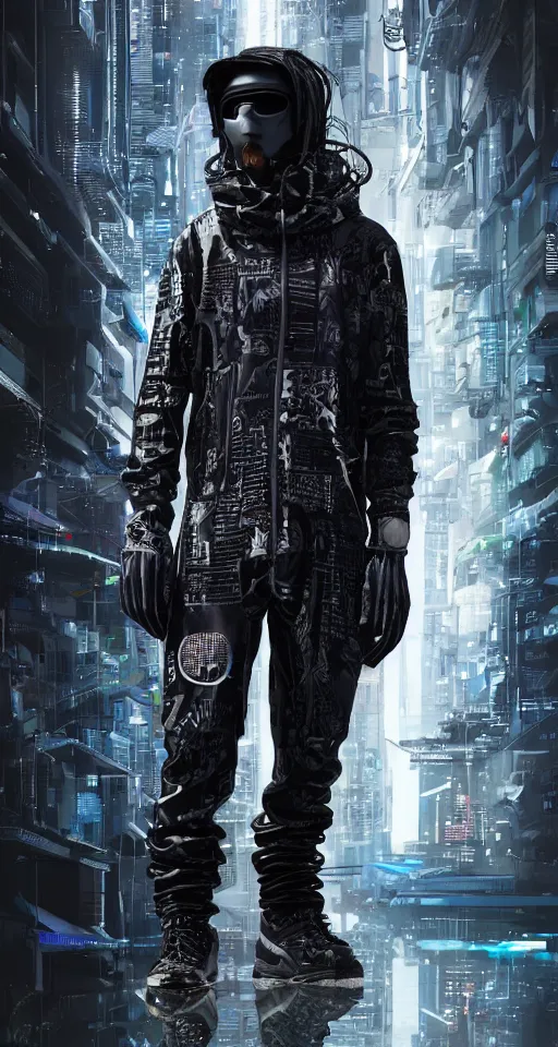 Image similar to cyberpunk techwear streetwear look and clothes, we can see them from feet to head, highly detailed and intricate, beautiful bright colors, hypermaximalist, futuristic, cyberpunk setting, luxury, elite, cinematic, techwear fashion, Errolson Hugh, Sacai, Nike ACG, Yohji Yamamoto, Y3, ACRNYM, outfit photo