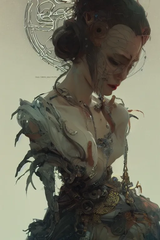 Image similar to A full portrait of a powerful beautiful futuristic dystopian junktown Japanese necromancer sorcerer enchanter, intricate, elegant, highly detailed, digital painting, artstation, concept art, smooth, sharp focus, illustration, art by Krenz Cushart and Artem Demura and alphonse mucha