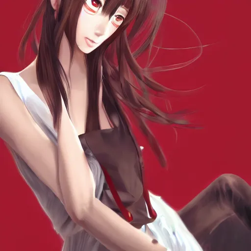 Image similar to kurisu makise, elegant, ultra highly detailed, digital painting, smooth, sharp focus, artstation, top-down shot, red background, art by Ina Wong