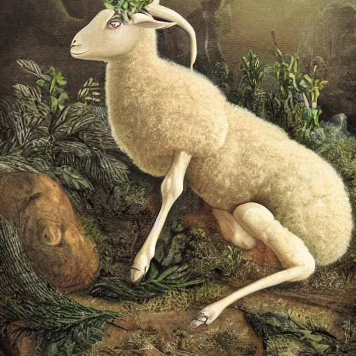 Prompt: the vegetable lamb of tartary, agnus vegetabilis, agnus tartaricus, legendary creature with the body of a lamb attached to a plant stem, cryptid photography, dynamic lighting, ultra detailed