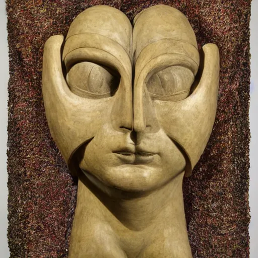 Image similar to sculpture of facemask made of flowers, by annie swynnerton and jean delville and edward hopper and evelyn de morgan and rufino tamayo and diego rivera, art deco flower shaman, art brut, outsider art, symbolist, dramatic lighting, god rays, elaborate geometric ornament, clean crisp graphics, smooth sharp focus, extremely detailed, adolf wolfli