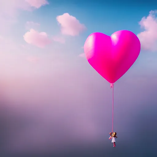 Image similar to a 5 0 mm lens photograph of a cute pink floating modern house, floating in the air between clouds, inspired by the movie up, held up from above by a heart - shaped ballon. mist, playful composition canon, nikon, award winning, photo of the year