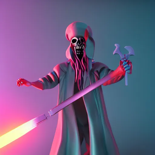 Image similar to candypunk grim reaper, character design, high quality digital art, render, octane, redshift, volumetric lighting, oled