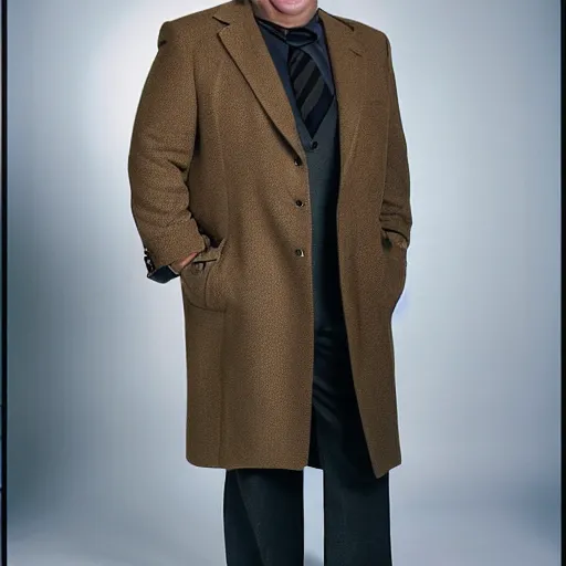 Prompt: full length shot : : clean - shaven smiling white chubby italian american man in his 4 0 s wearing a long brown overcoat and necktie and black shoes shoes shoes holding a burger, 2 0 0 6 advertising promo shot