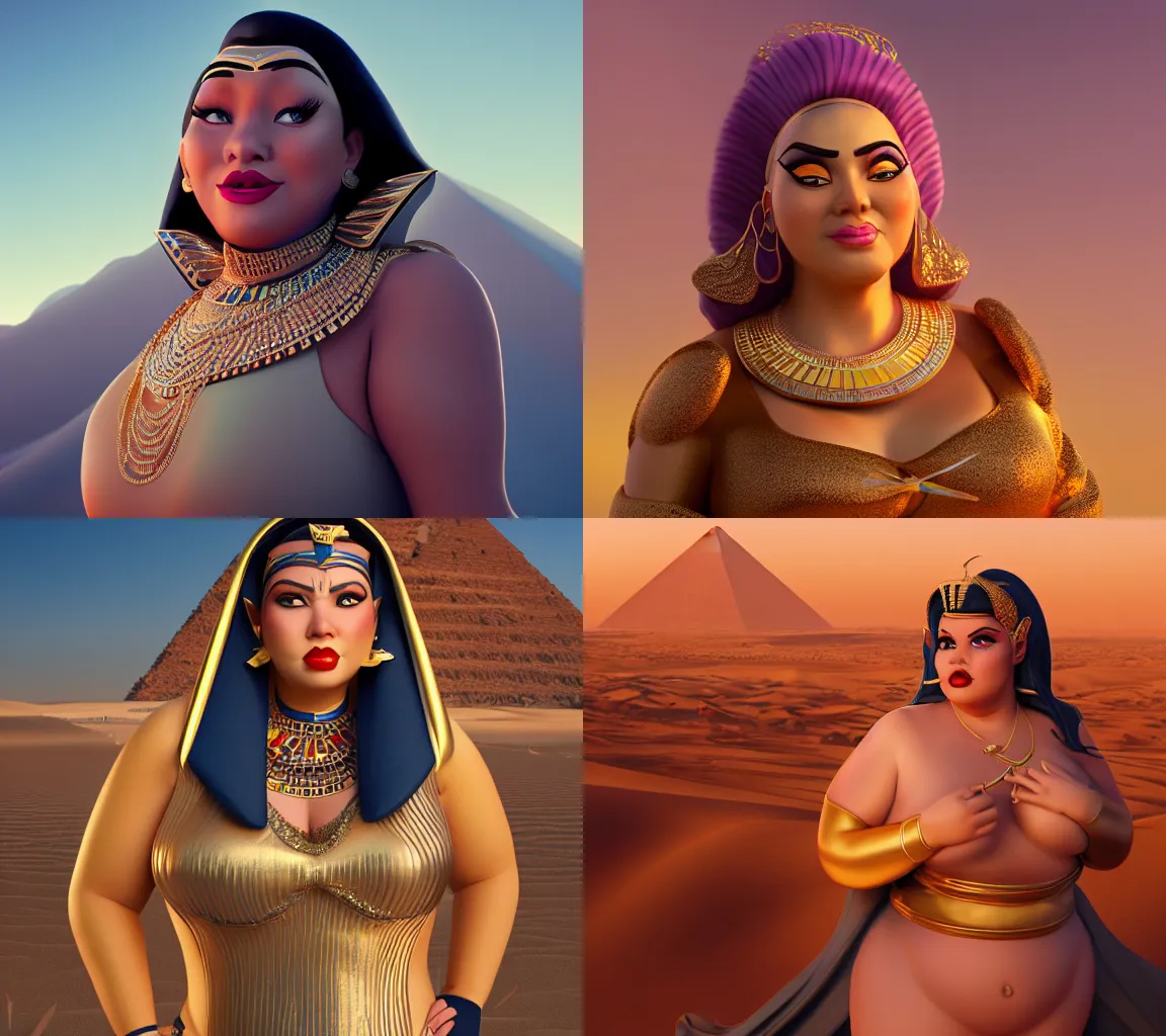 Prompt: hyperdetailed chubby female Disney villain, elegant egyptian, arrogant look, beautiful 3D render, 8k, octane render, soft lighting, stylized, in the desert, golden hour