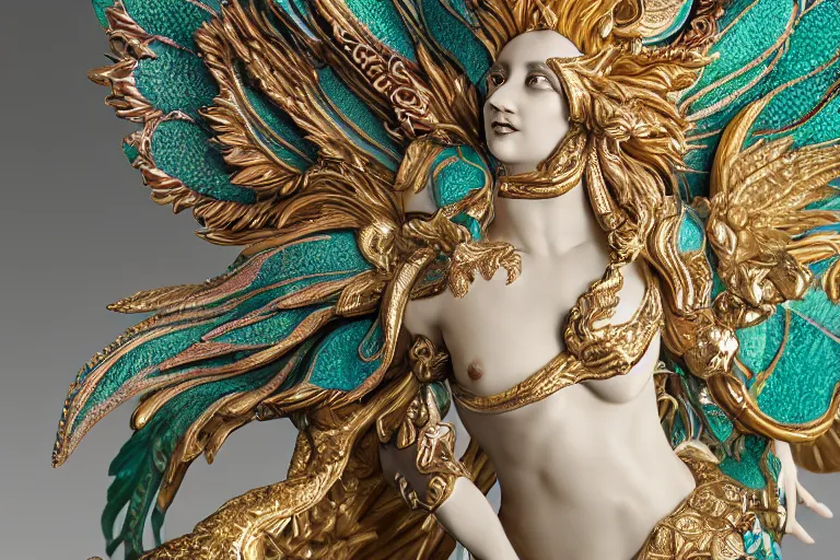 Prompt: a closeup photo - real delicate ceramic porcelain sculpture of an ornate detailed phoenix goddess in front of an intricate background by rafael, micro detail, backlit lighting, subsurface scattering, translucent, thin porcelain, emerald, jade, octane renderer, colorful, physically based rendering, trending on cgsociety