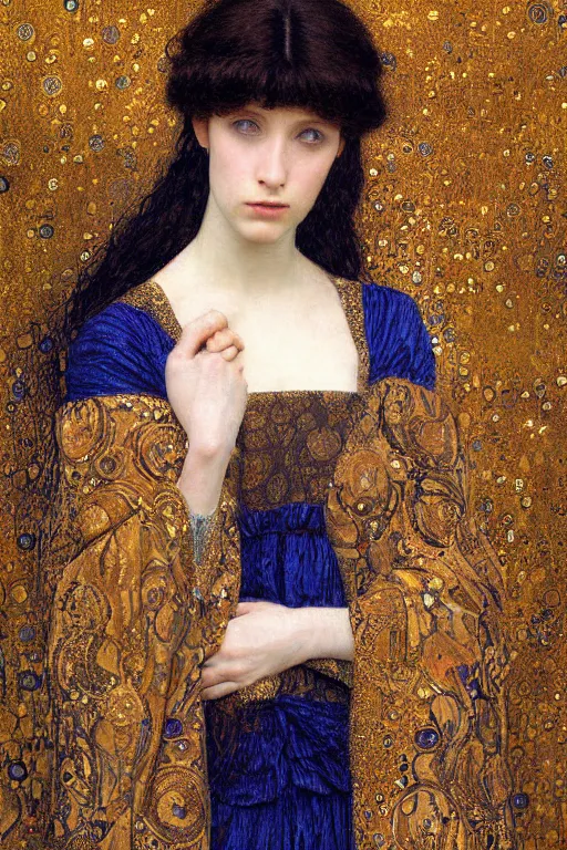 Image similar to Portrait of a Beautiful sad female, elegant, digital painting, Pre-Raphaelites, highly detailed, concept art, smooth, sharp focus, gold and indigo, illustration, art by Klimt .