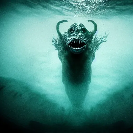 sea monster about to eat pov underwater, pale skin, dark yellowi 