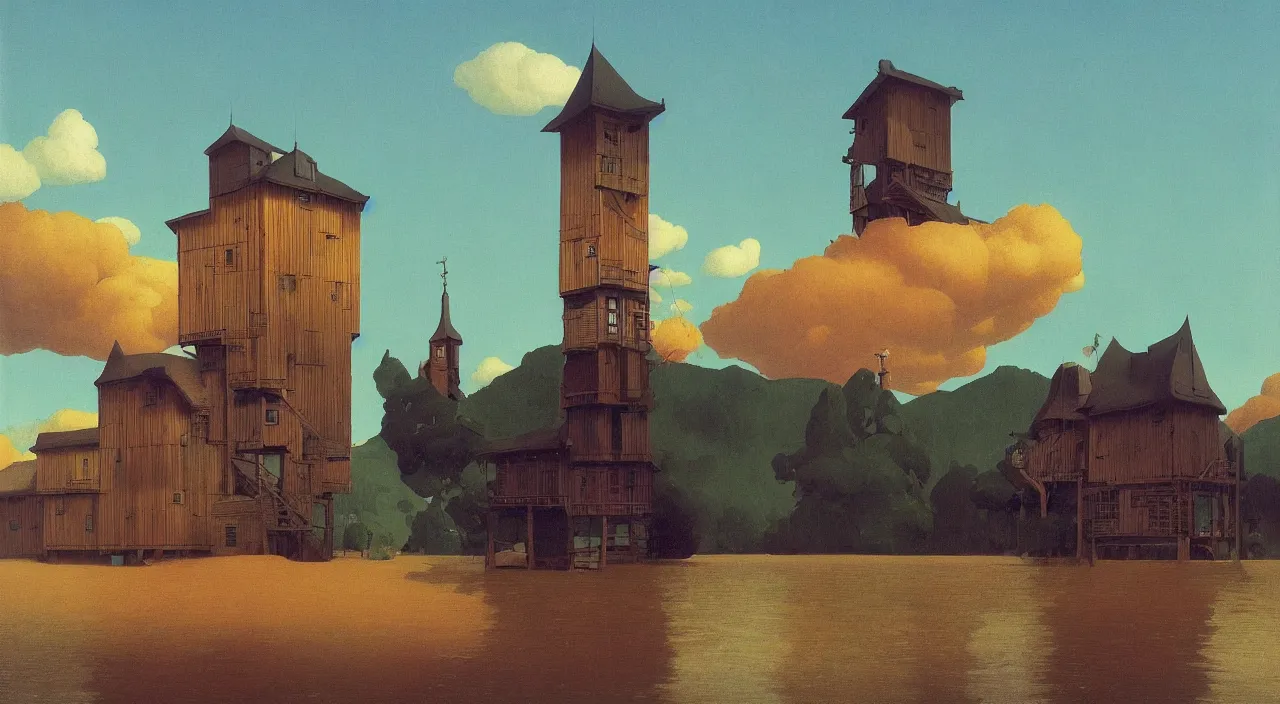 Image similar to single flooded simple wooden tower, very coherent and colorful high contrast!! masterpiece by rene magritte simon stalenhag carl spitzweg syd mead norman rockwell edward hopper james gilleard, minimalist, dark shadows, sunny day, hard lighting