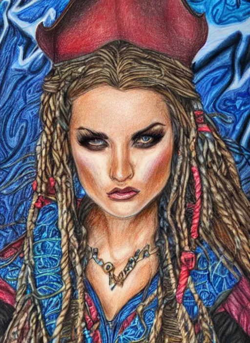 Image similar to full body detailed colored pencil drawing of a beautiful pirate female with a beautiful face wearing intricate clothing