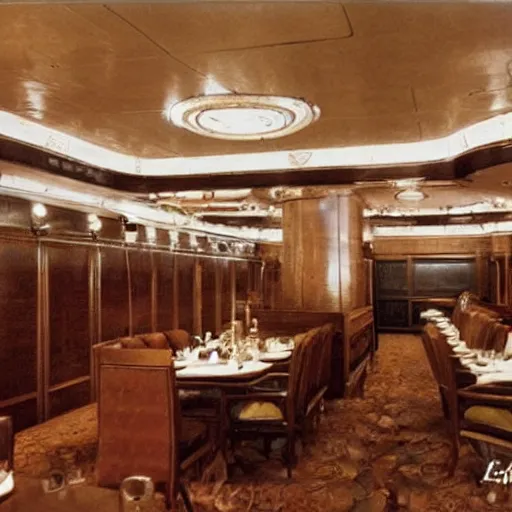 Prompt: first class dining room on the titanic, wide shot, old photograph, detailed furnishings,