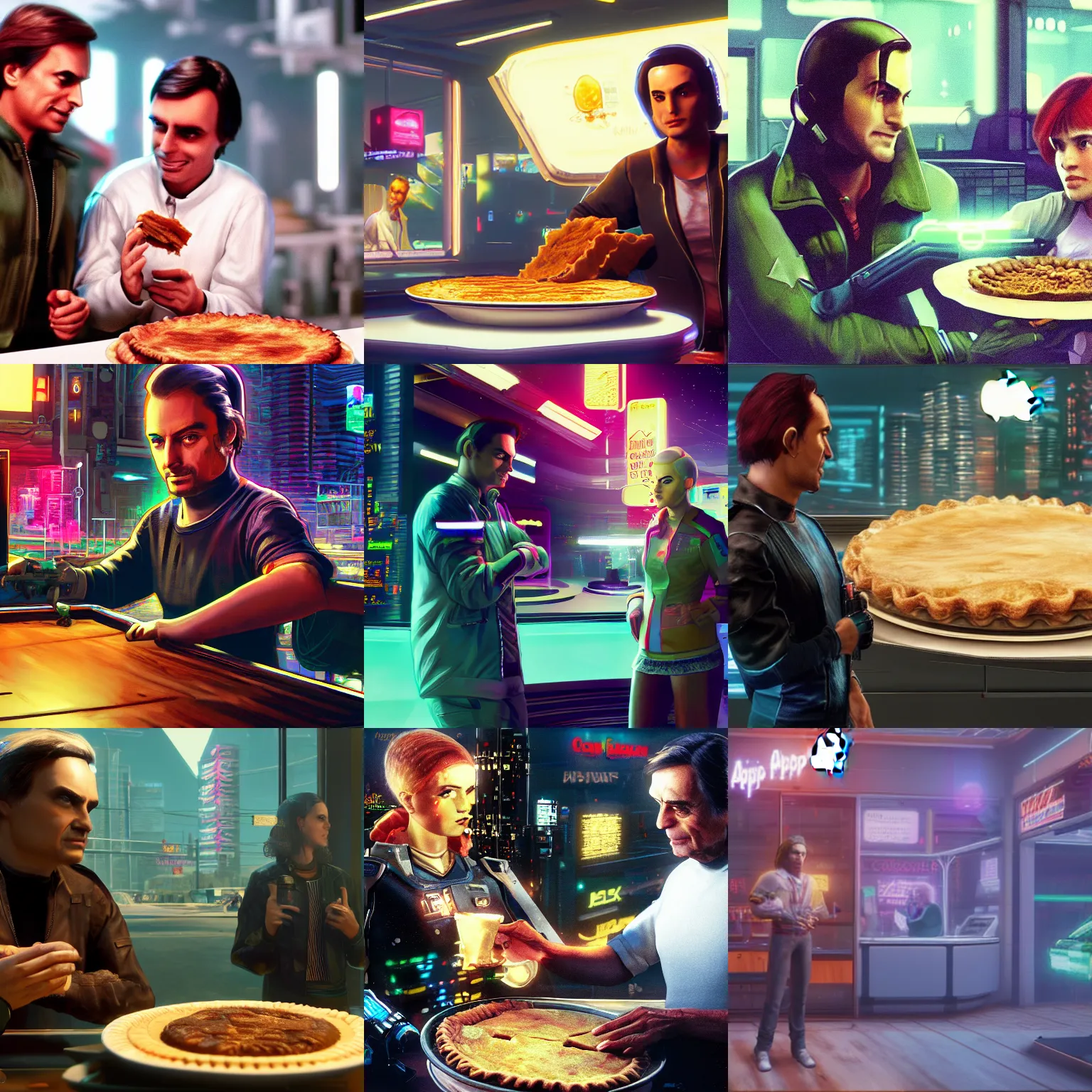 Prompt: carl sagan admiring apple pie. cyberpunk 2 0 7 7 style cp 2 0 7 7. 3 8 4 0 x 2 1 6 0 cosmos