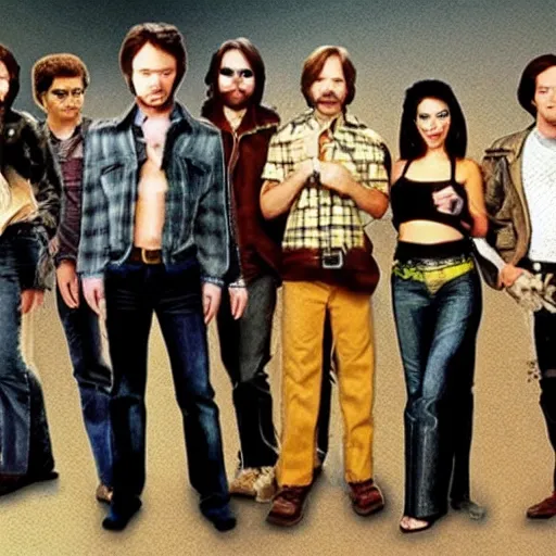 Prompt: that 70s show cast in post apocalyptic cyber punk outfits, hyper realistic, high definition