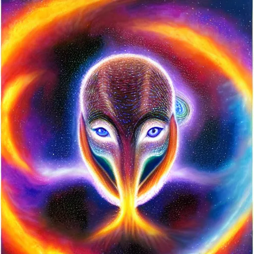 Image similar to cosmic alien lightning fox , Alex grey, realistic 4k deep color