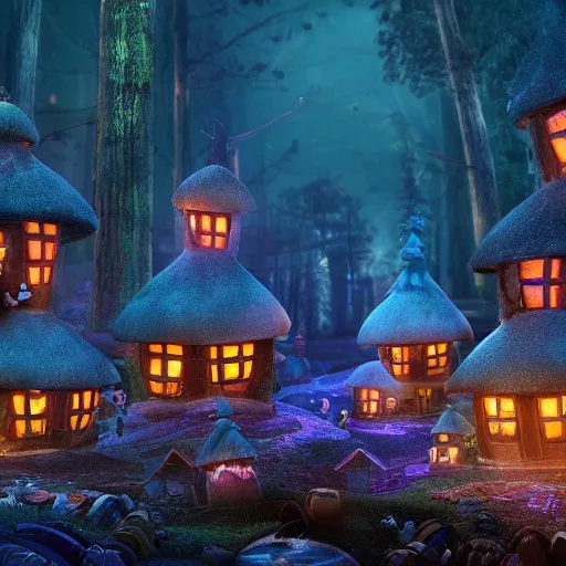Prompt: A village of mushroom houses with chimneys, glowing windows on the floor of the enchanted forest. night scene, movie still from the Box Trolls, medium shot, might cinematic lighting, sharp, high detail