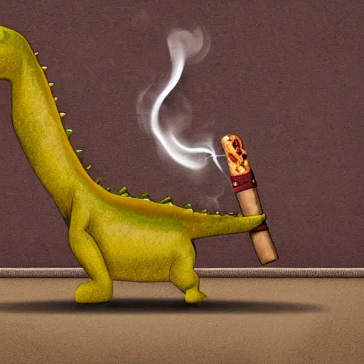 Image similar to dinosaur smoking a cigar sitting in a chair wearing a smoking jacket realistic hdr