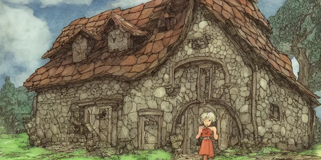 Image similar to house, barn, golem. fable haven by hayao miyazaki : : house, barn, golem