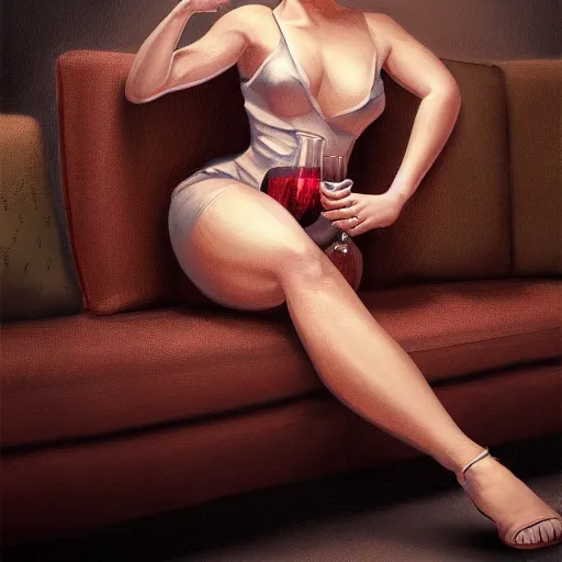 Prompt: an insanely detailed portrait of erika christensen sitting facing you on the couch, she holds a glass of wine and a seductive smile, in the style of peter mohrbacher, artgerm, dramatic lighting and composition, octane render, trending on artstation, concept art 8 k