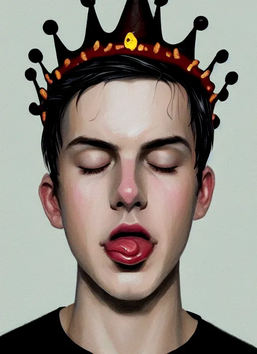 Image similar to portrait of teenage jughead jones wearing a light grey crown, crown, eating hamburger, eyes closed, crown, black hair, intricate, elegant, glowing lights, warm lighting, highly detailed, digital painting, artstation, concept art, smooth, sharp focus, illustration, art by wlop, mars ravelo and greg rutkowski