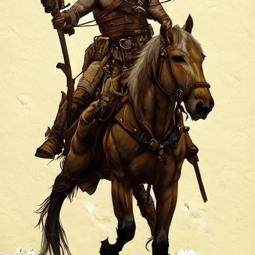 Prompt: portrait of a rugged ranger on horseback, muscular, upper body, hairy torso, D&D, fantasy, intricate, elegant, highly detailed, digital painting, artstation, concept art, smooth, sharp focus, illustration, art by artgerm and Greg Rutkowski and Alphonse Mucha