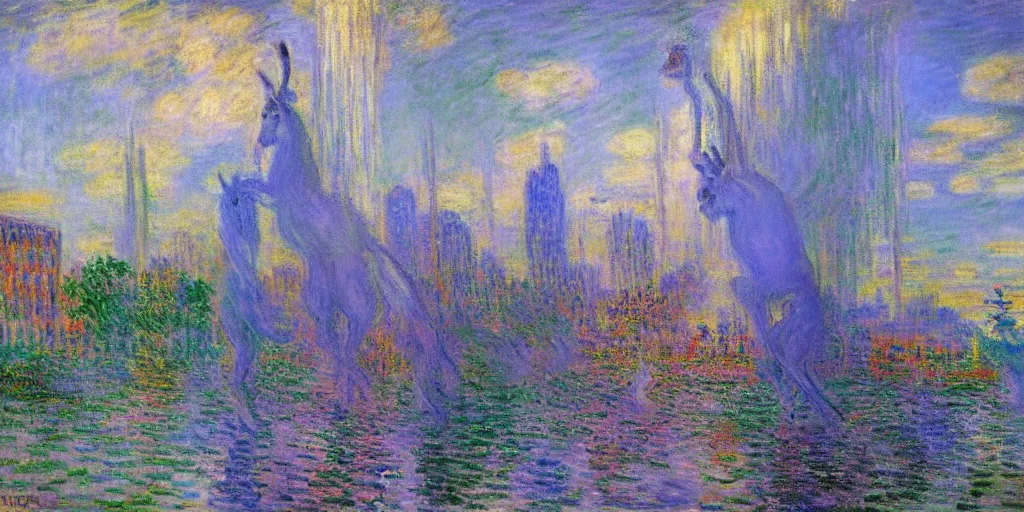 Image similar to unicorn in a futuristic cyberpunk town. By Claude Monet, highly detailed