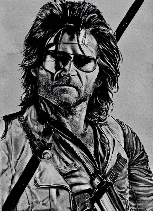 Image similar to Kurt Russell as Snake Plissken Escape From New York, Movie Inspired, mixed media, tritone, pinterest