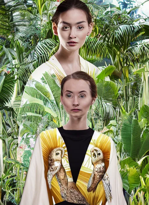 Image similar to amazing portrait photograph of an elegant top model wearing a yellow kimono with a very detailed barn owl on her shoulder!!! in a tropical greenhouse. looking at the camera!!. super resolution. Extremely detailed. art by Rineke Dijkstra.