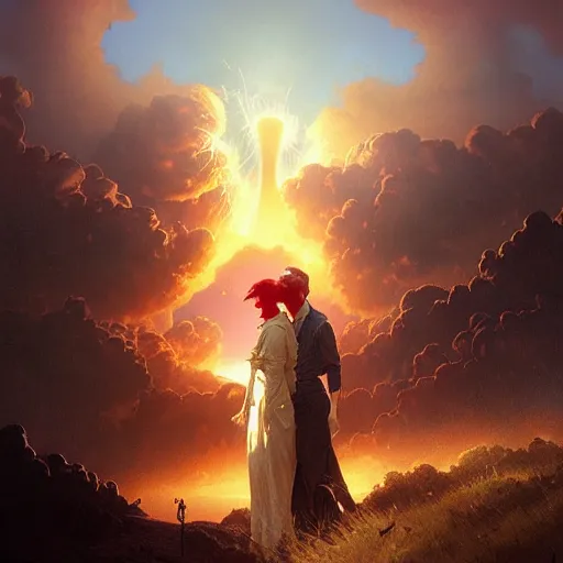 Image similar to a young couple watching a nuclear explosion, romantic, mushroom cloud, uplifting, happy, apocalytic detailed digital matte painting by artgerm, greg rutkowski and alphonse mucha